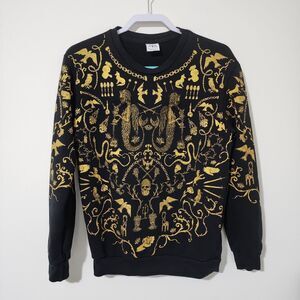 Zara Men's Sweatshirt M Black Gold Embroidered Skull Sword Dice Animal Graphic